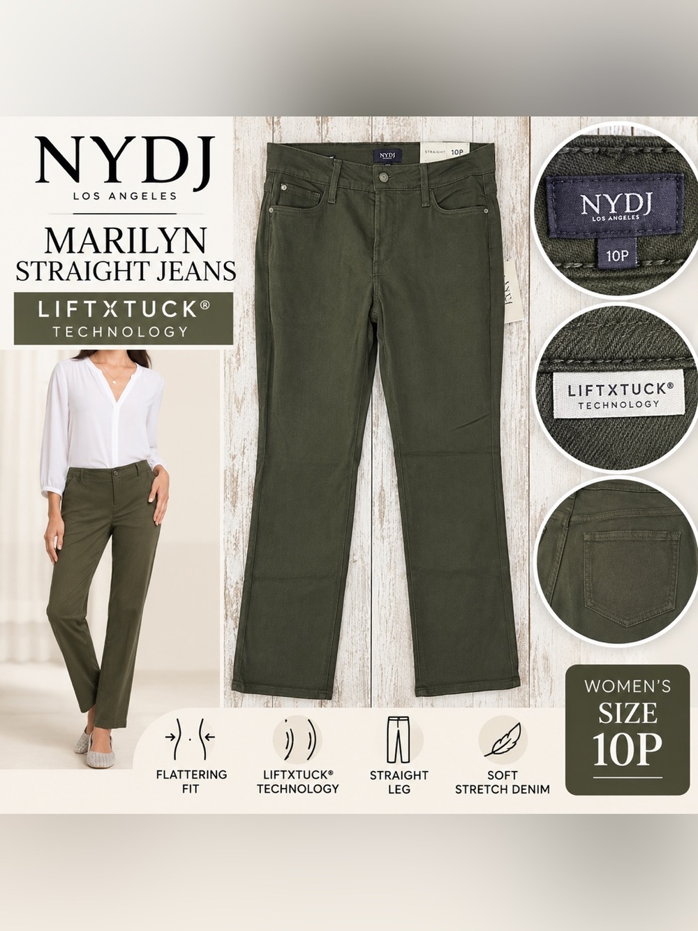 NYDJ Marilyn Straight Jeans Women’s Size 10P Olive Lift Tuck NWT